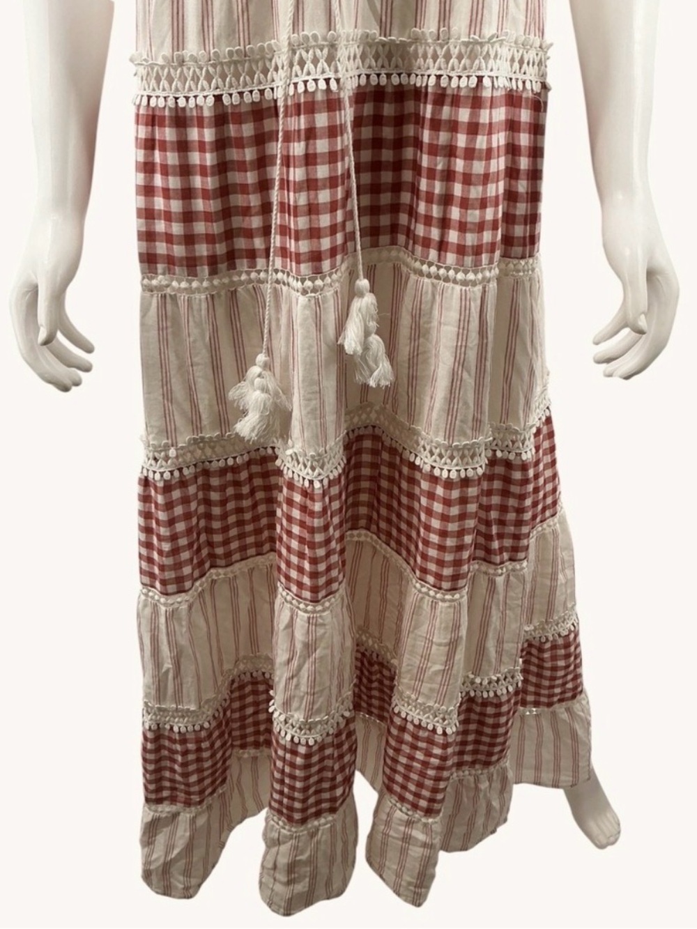 Chelsea & Violet Red Gingham Striped Tiered Maxi Dress XS Cotton Boho Tassel - Picture 6 of 7